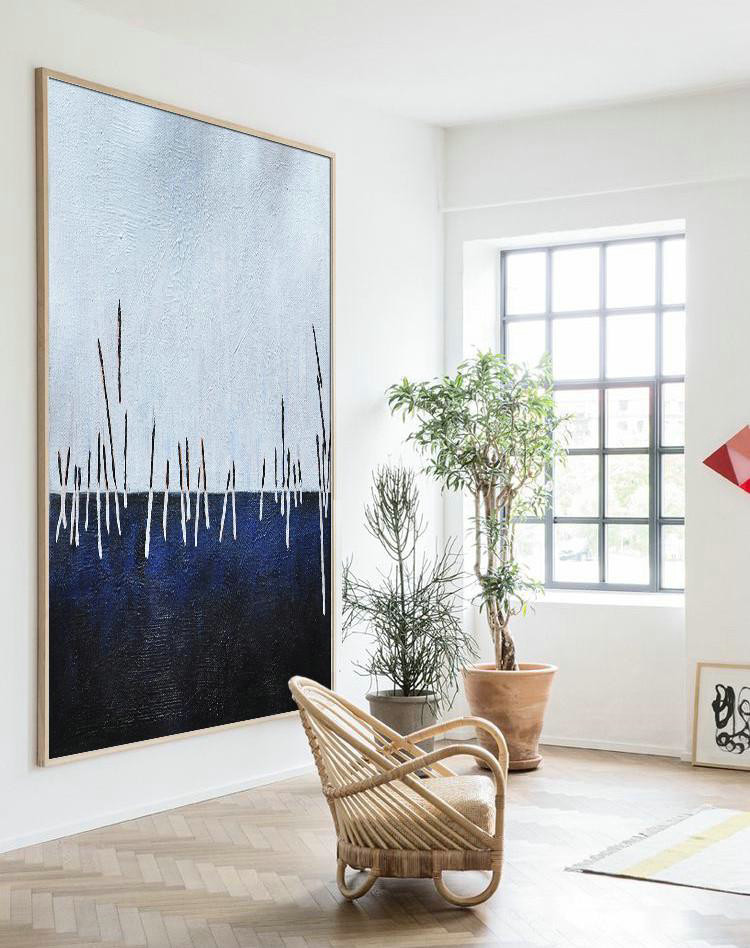 Large Abstract Art,Oversized Abstract Landscape Painting,Big Canvas Painting,White,Dark Blue,Black.etc